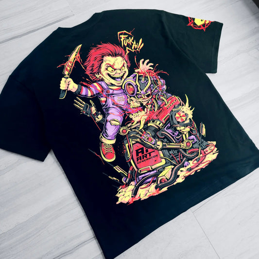 Black t-shirt with a colorful graphic design of a character on a white surface