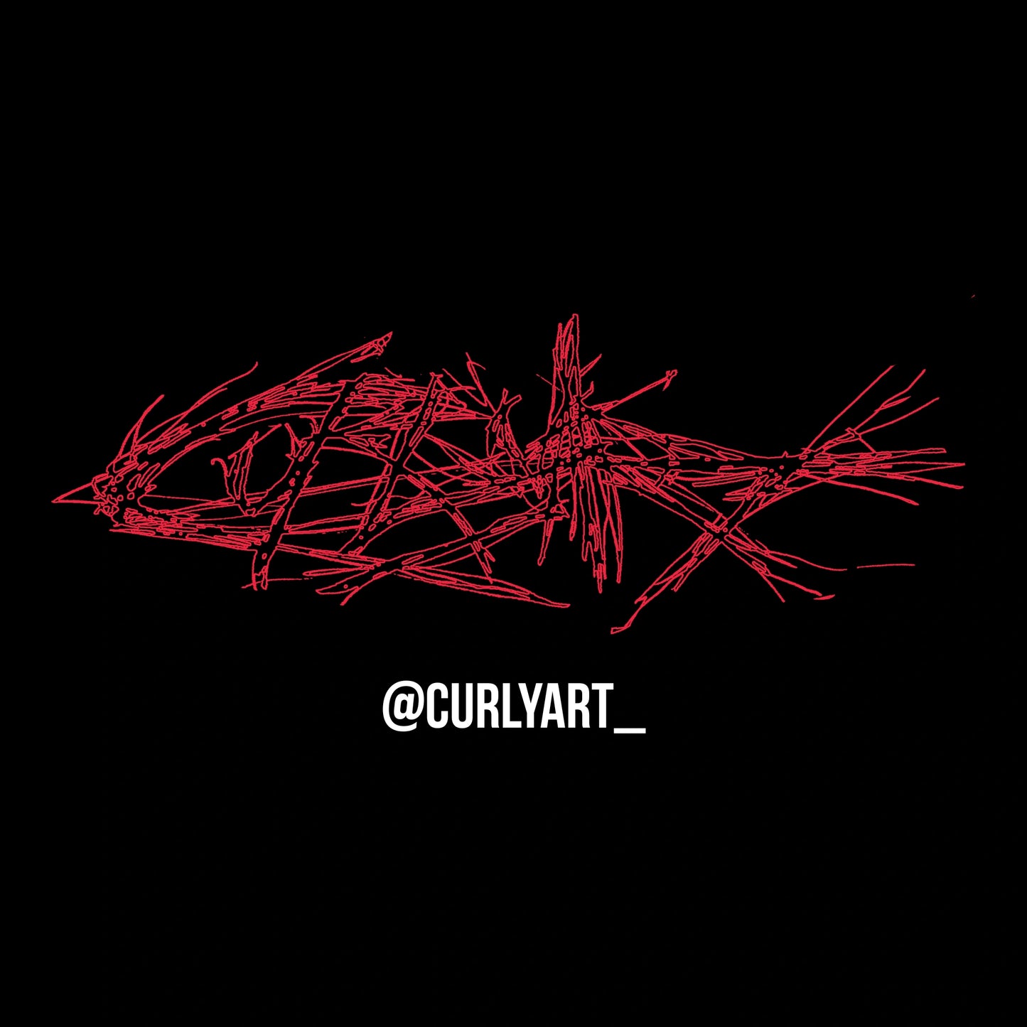 Red abstract design on a black background with 'Curly Art' handle.