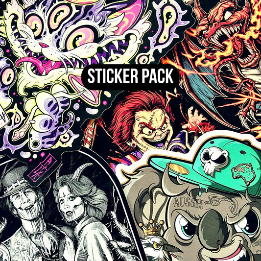 Sticker pack with various designs including a clown, pirate, and other characters on a black background.