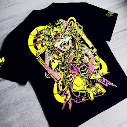 Black t-shirt with a colorful graphic design on a light gray surface