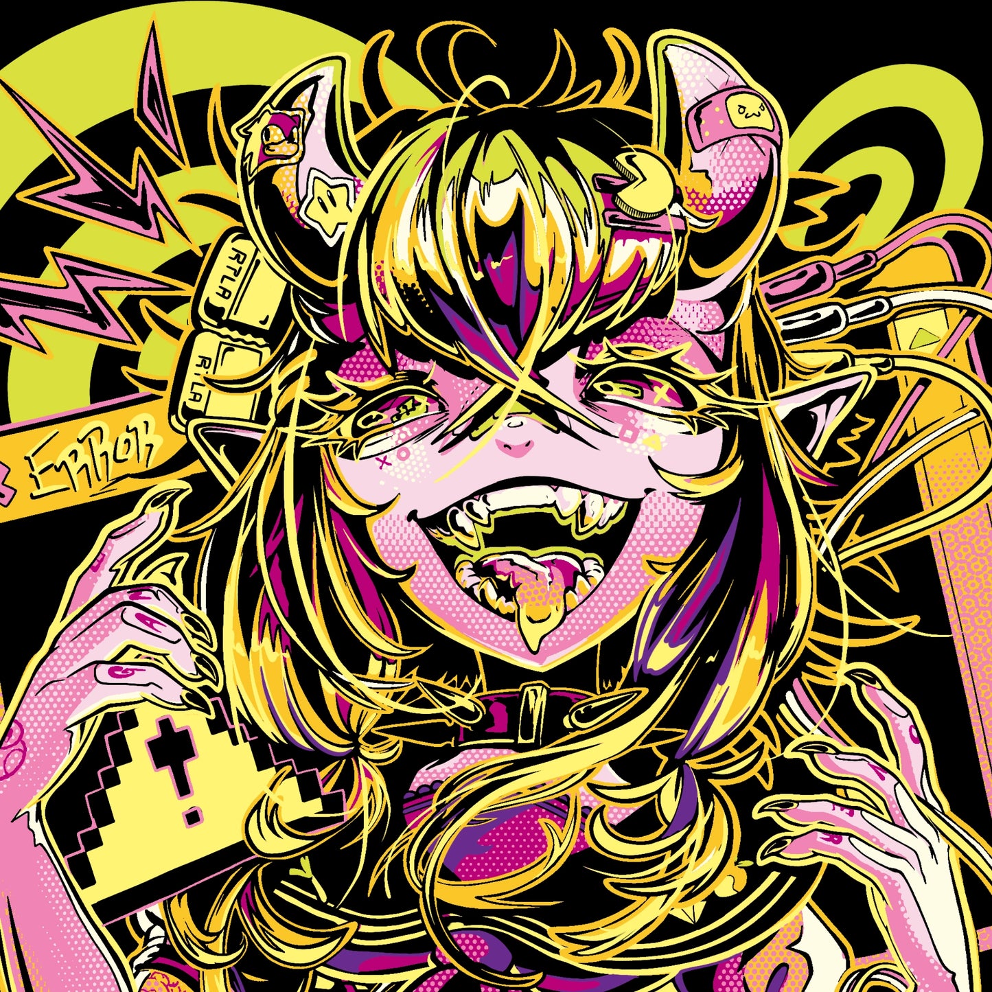 Colorful and stylized illustration of a character with long hair and horns, holding a microphone.