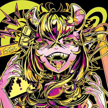 Colorful and stylized illustration of a character with long hair and horns, holding a microphone.