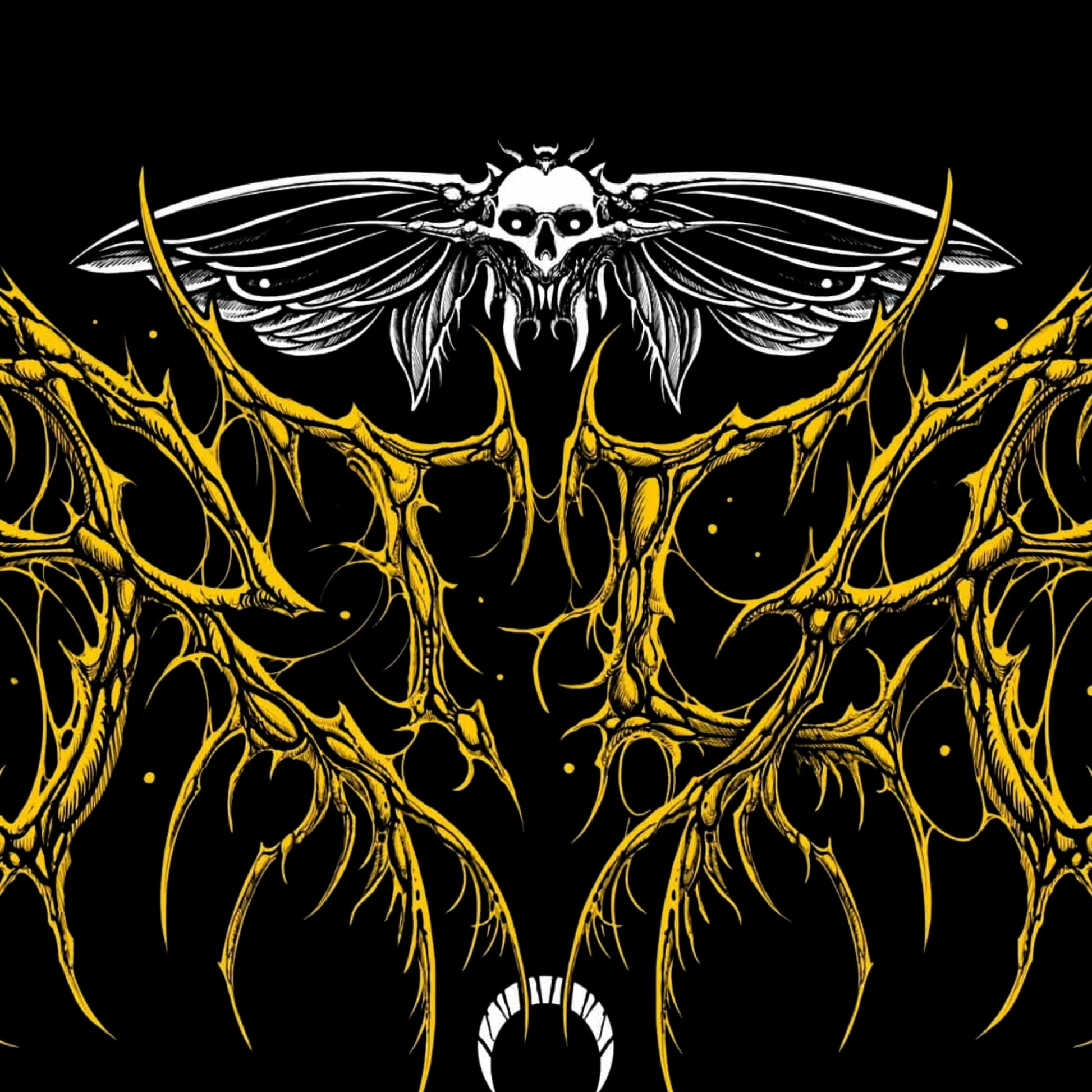 Illustration of a winged skull with yellow and white design on a black background