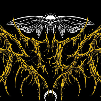 Illustration of a winged skull with yellow and white design on a black background
