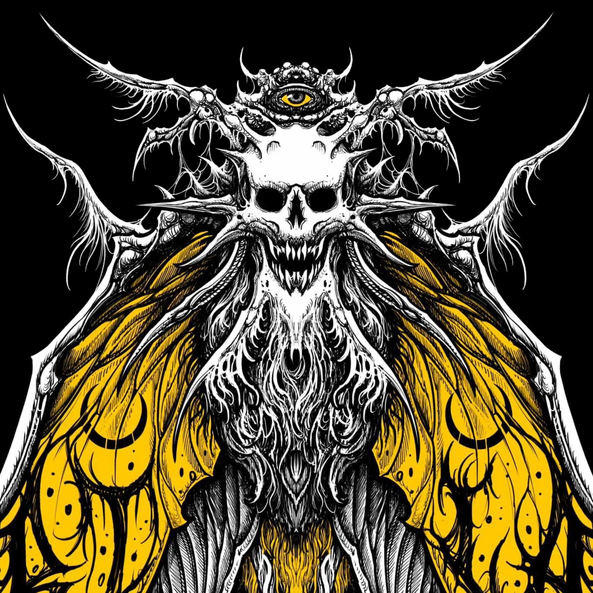 Illustration of a winged creature with a skull-like face and yellow accents on a black background