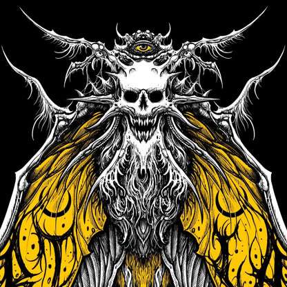 Illustration of a winged creature with a skull-like face and yellow accents on a black background