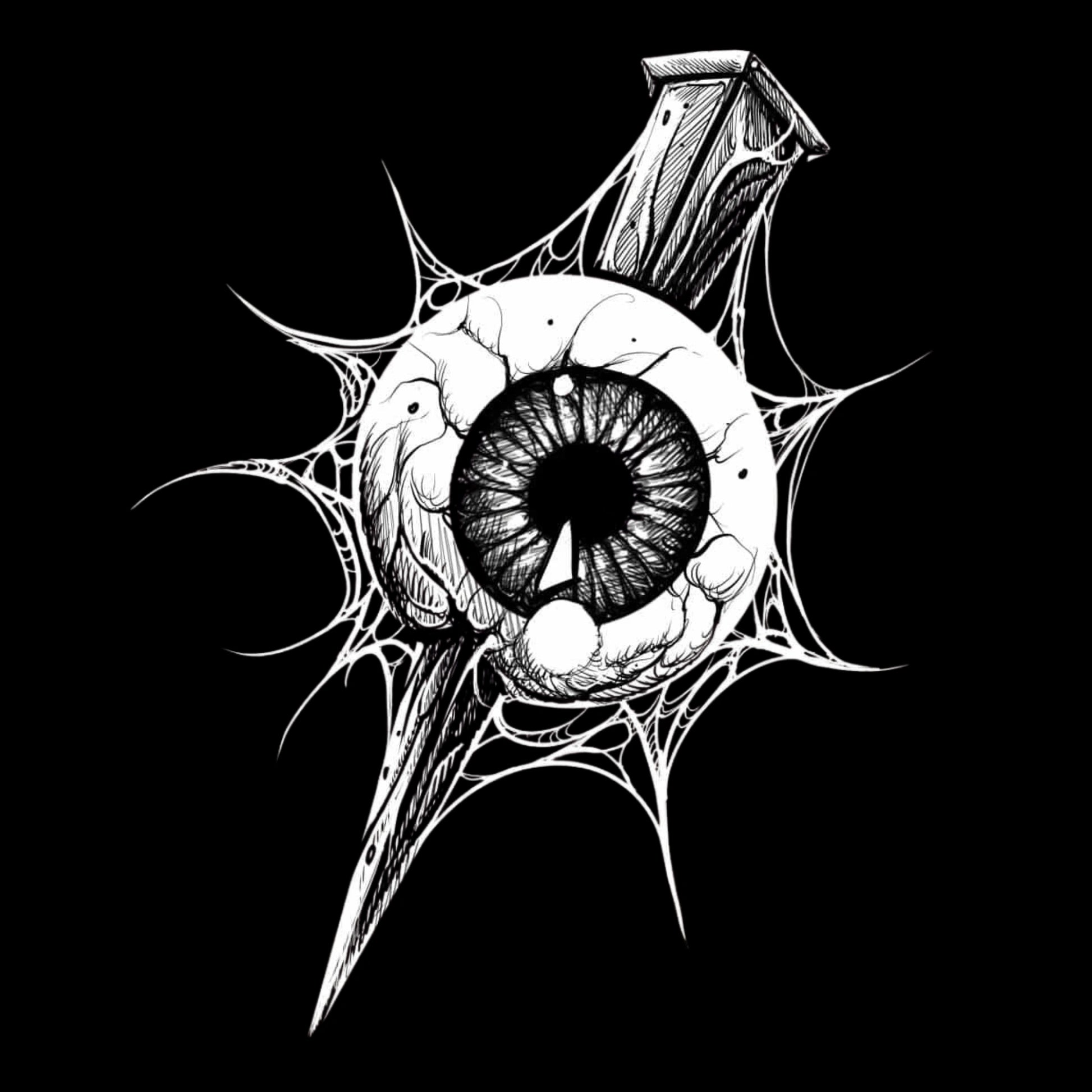 Black and white illustration of an eye with a spider web on a black background