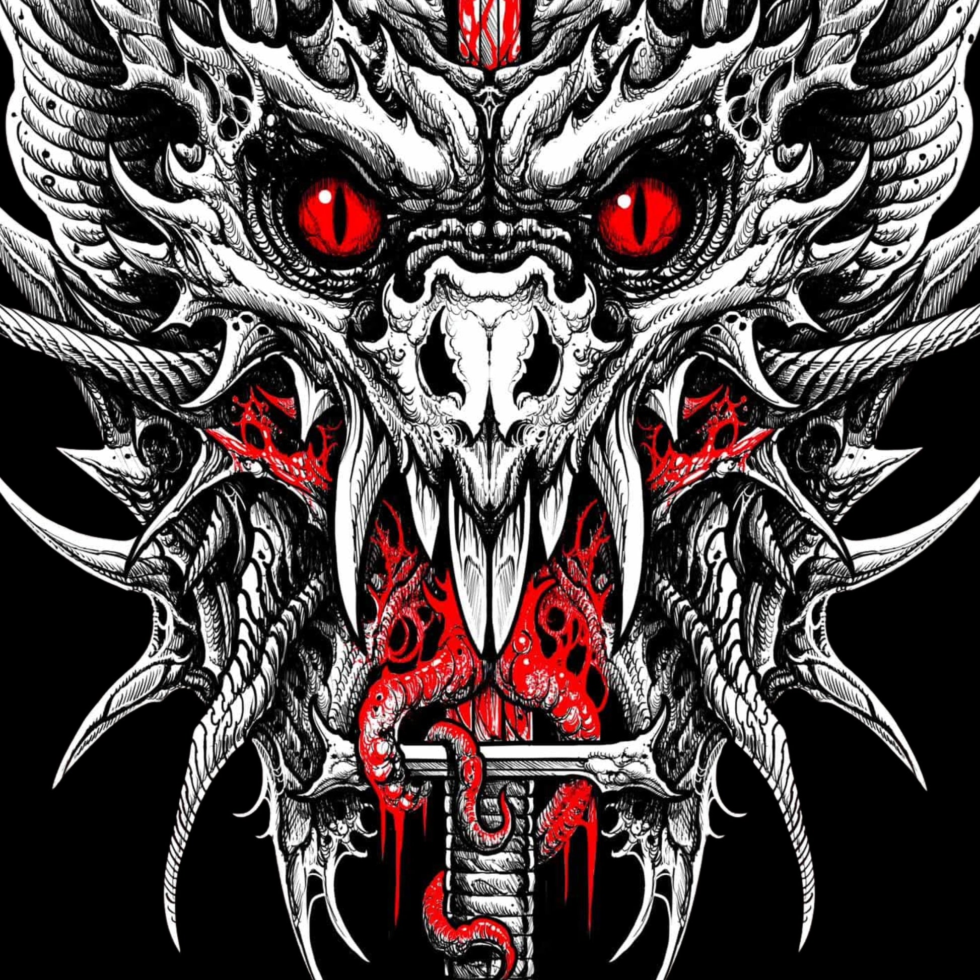Detailed illustration of a dragon's head with red eyes and red text on a black background