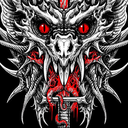 Detailed illustration of a dragon's head with red eyes and red text on a black background