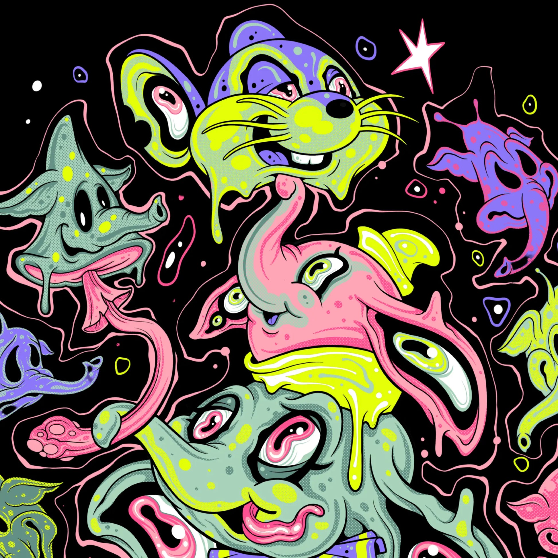 Colorful abstract art with cartoonish characters on a black background