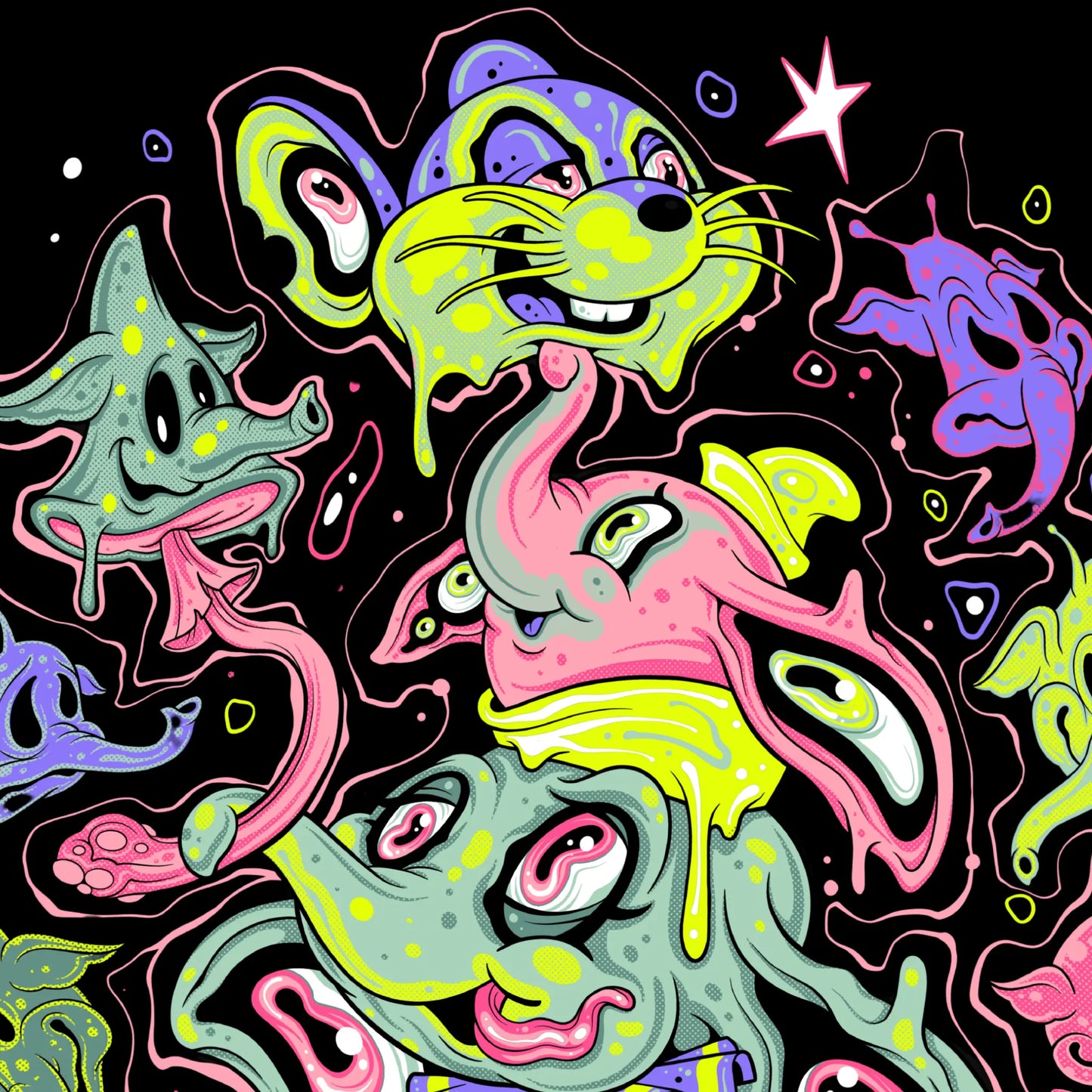 Colorful abstract art with cartoonish characters on a black background