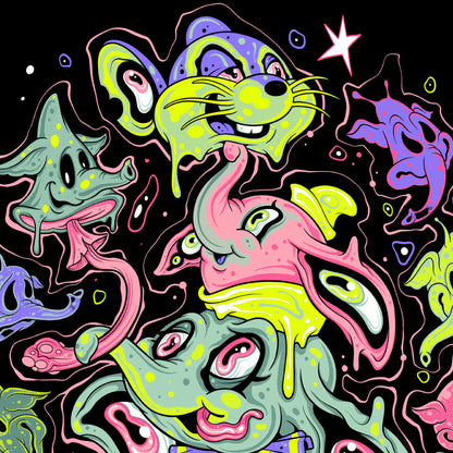 Colorful abstract art with cartoonish characters on a black background