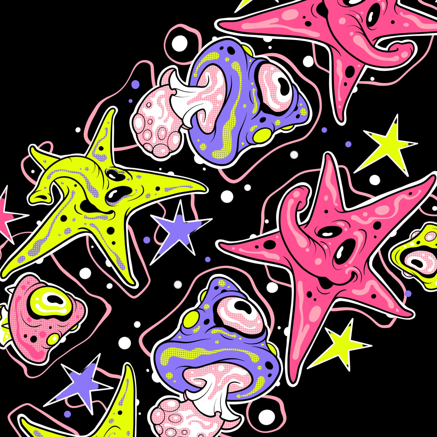 Colorful star and mushroom illustrations on a black background