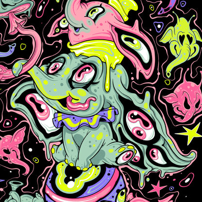 Colorful abstract design with a central figure on a black background