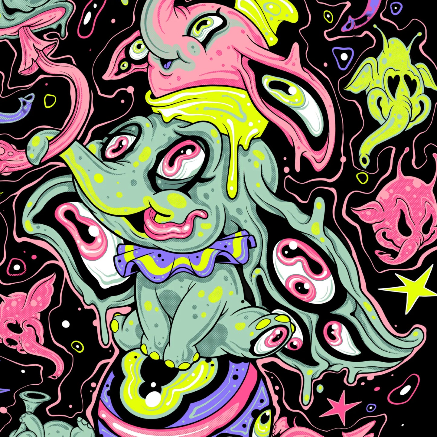 Colorful abstract design with a central figure on a black background