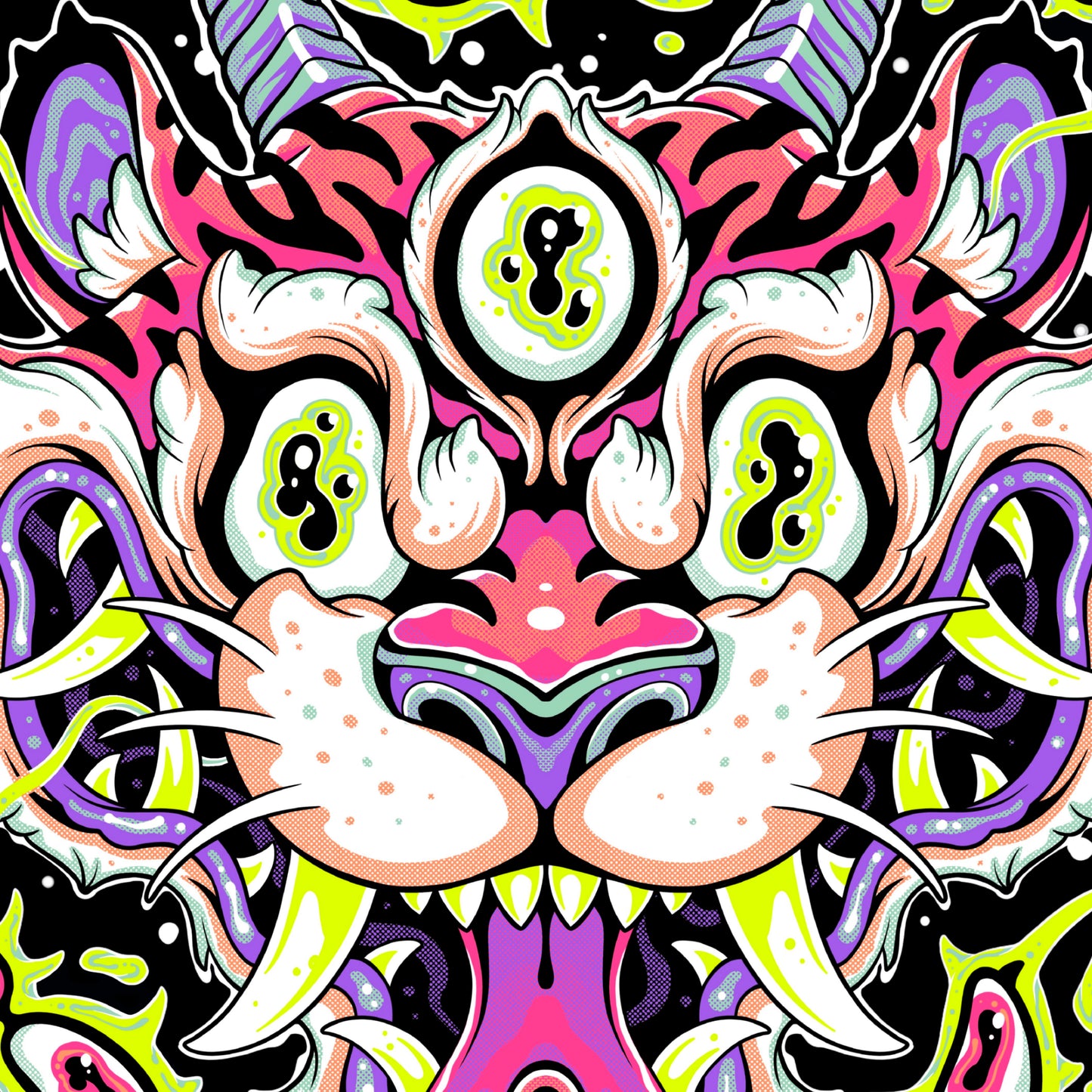 Colorful abstract design with a stylized face on a black background