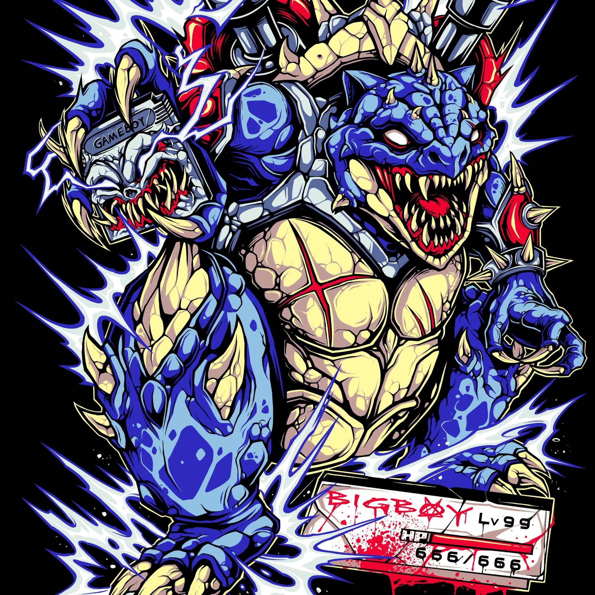 Illustration of a muscular creature with dragon-like features, holding a sign with 'BIGBOY Lv99' on a dark background.