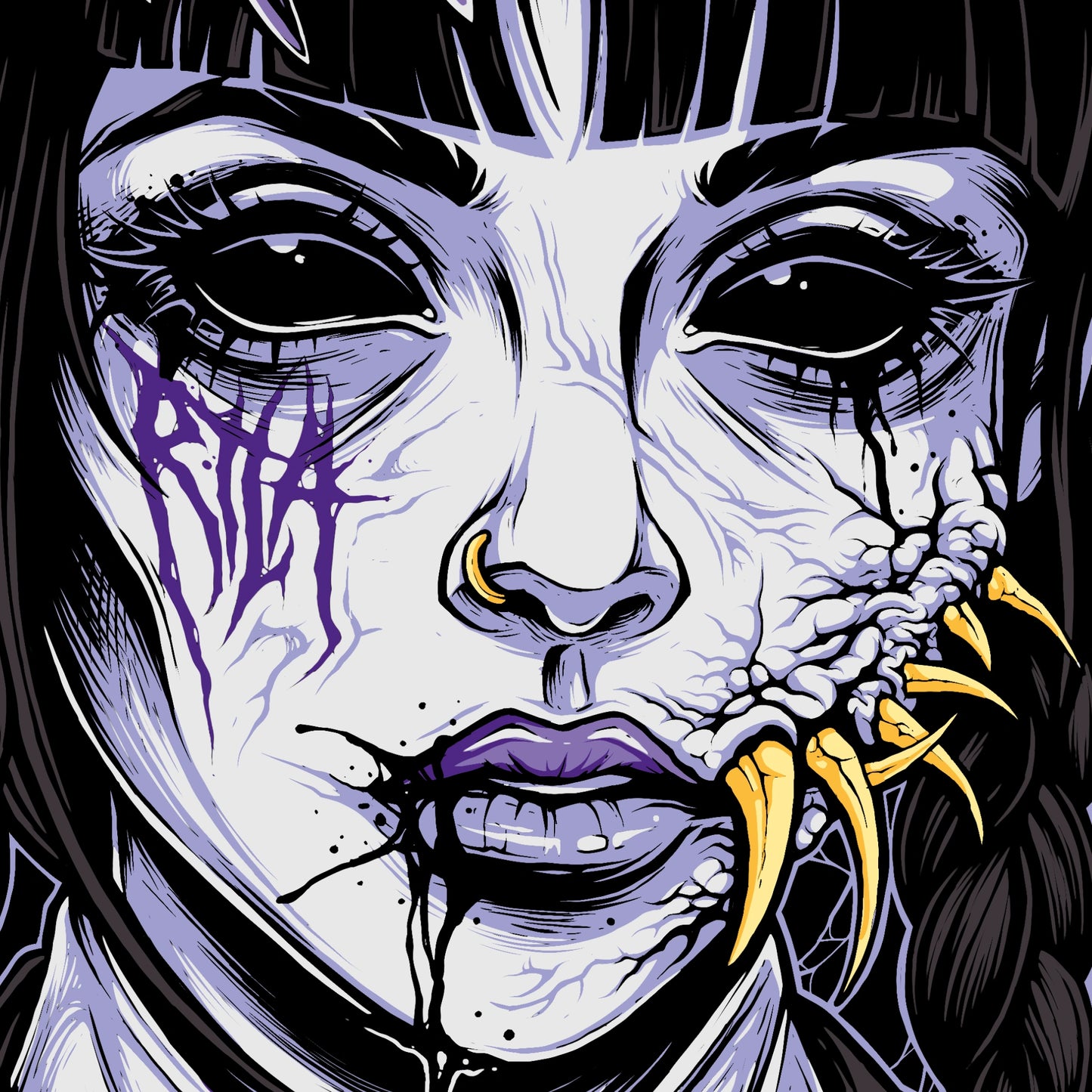 Artistic illustration of a face with dark hair, purple accents, and yellow elements.