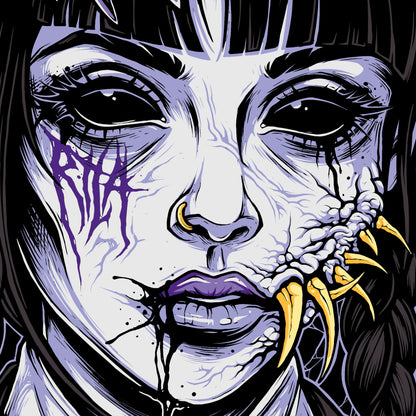 Artistic illustration of a face with dark hair, purple accents, and yellow elements.