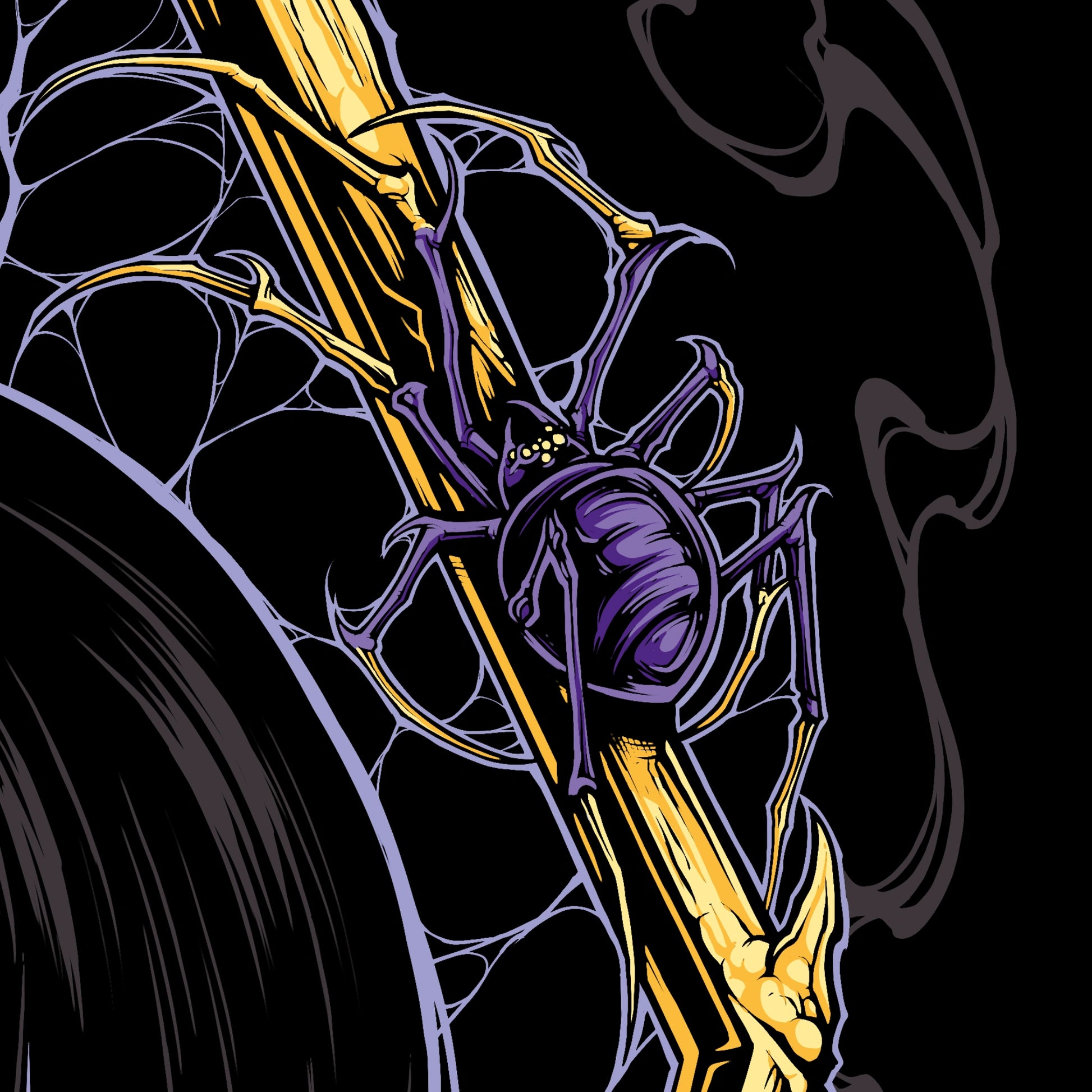 Purple spider on a gold branch against a black background