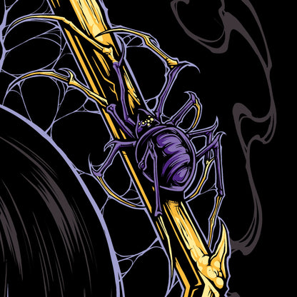 Purple spider on a gold branch against a black background