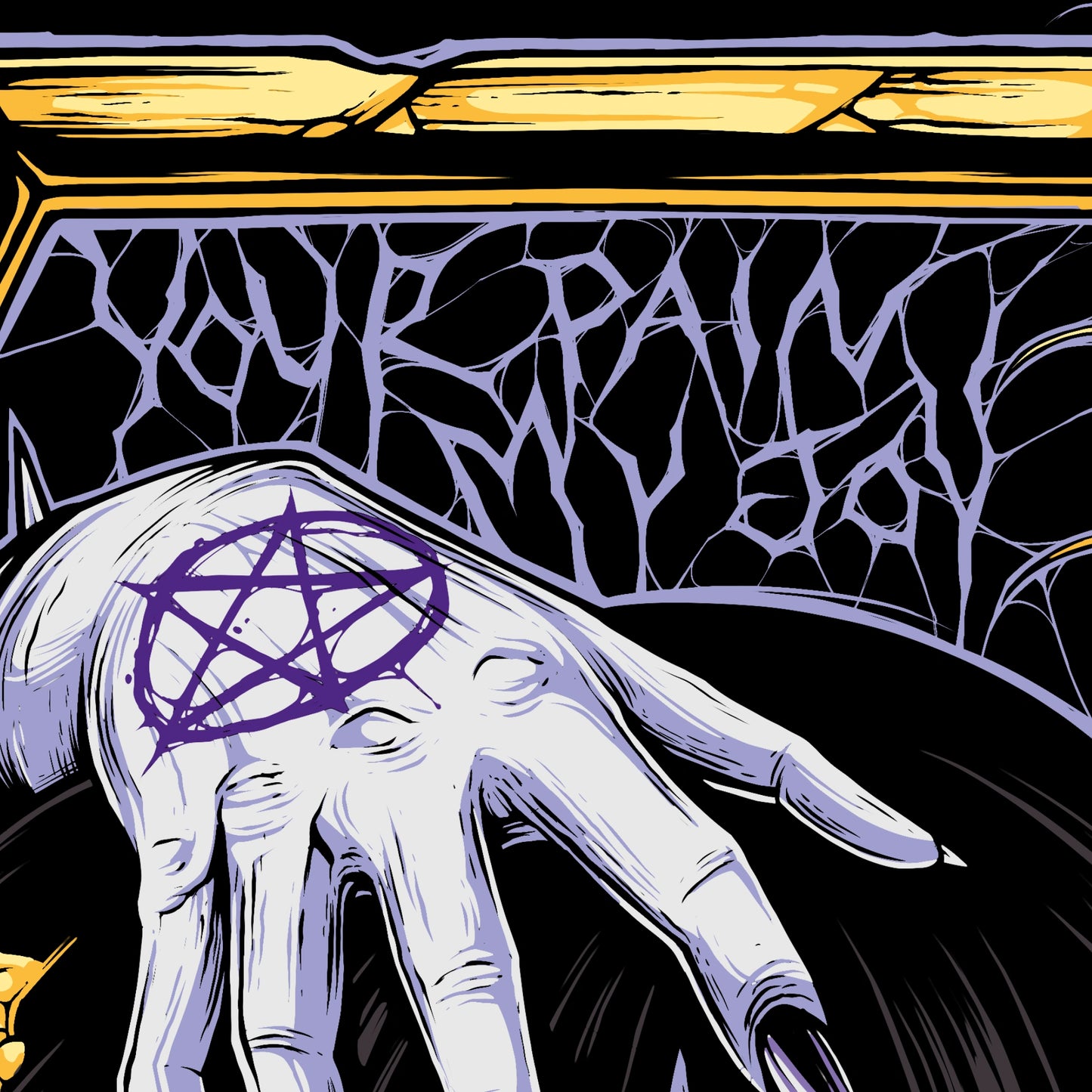 Illustration of a hand with a pentagram symbol on a dark background with text.