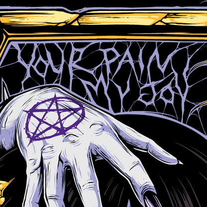 Illustration of a hand with a pentagram symbol on a dark background with text.