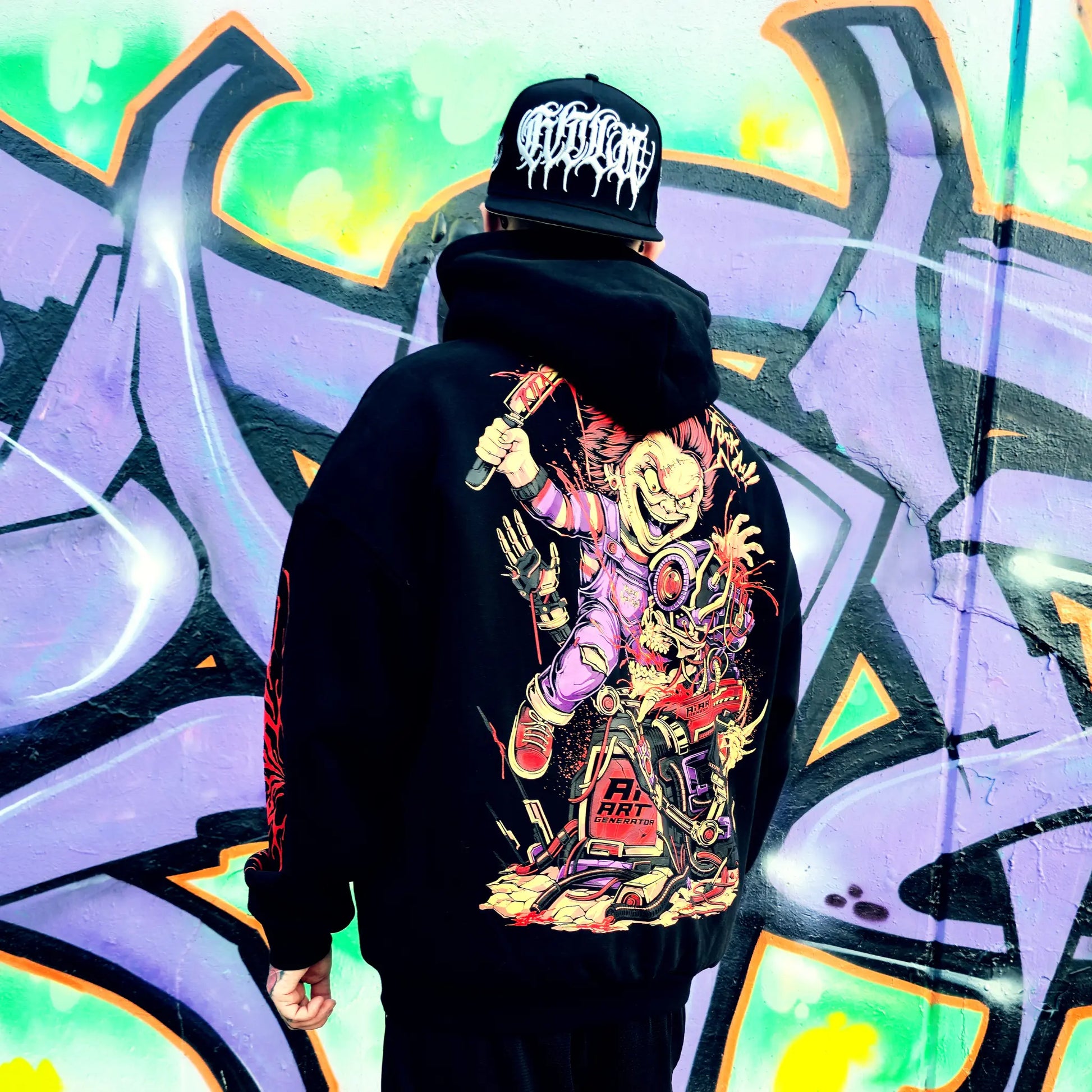Person wearing a black hoodie with a colorful graphic design, standing in front of a vibrant graffiti wall.