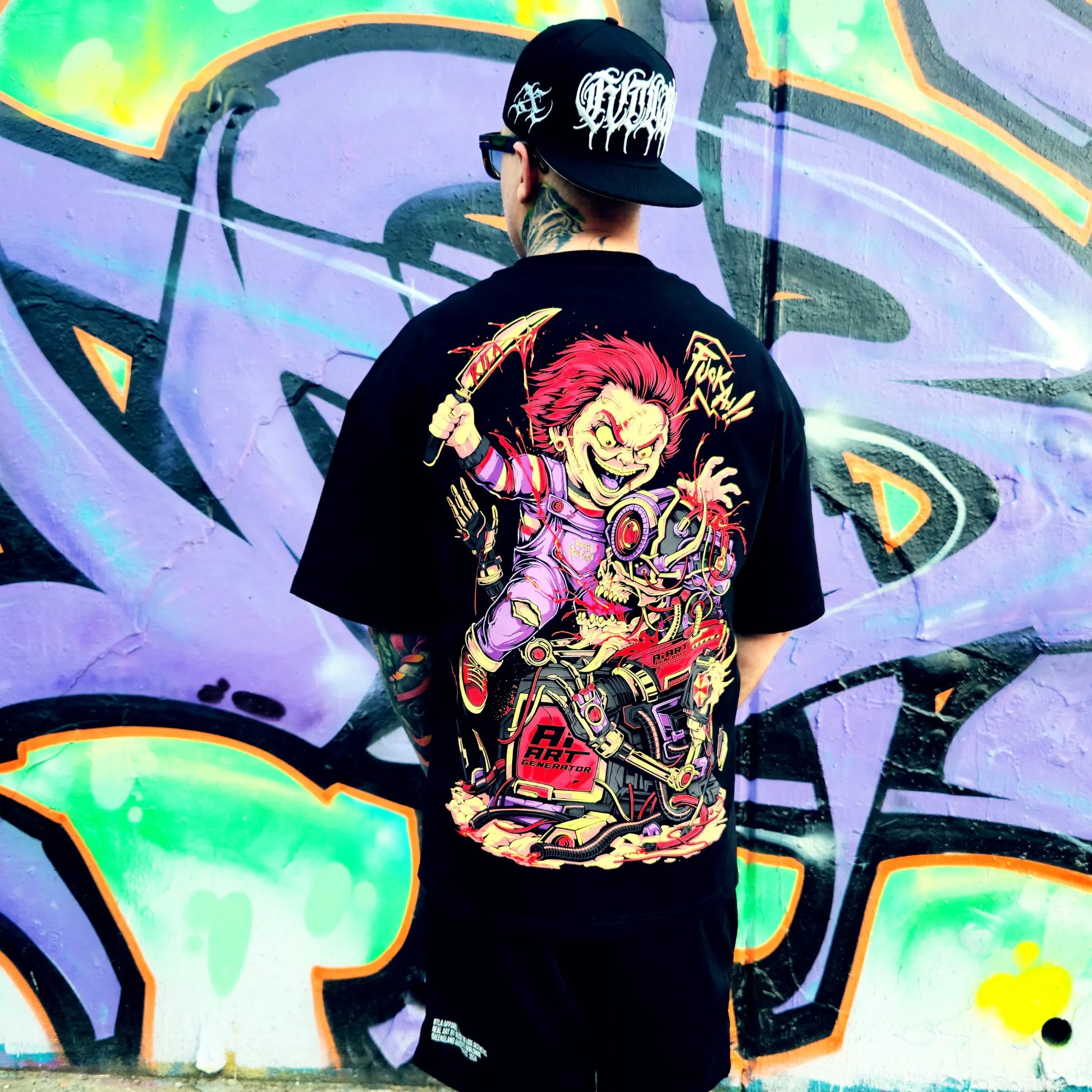 Person wearing a black t-shirt with a colorful graphic design in front of a graffiti wall.