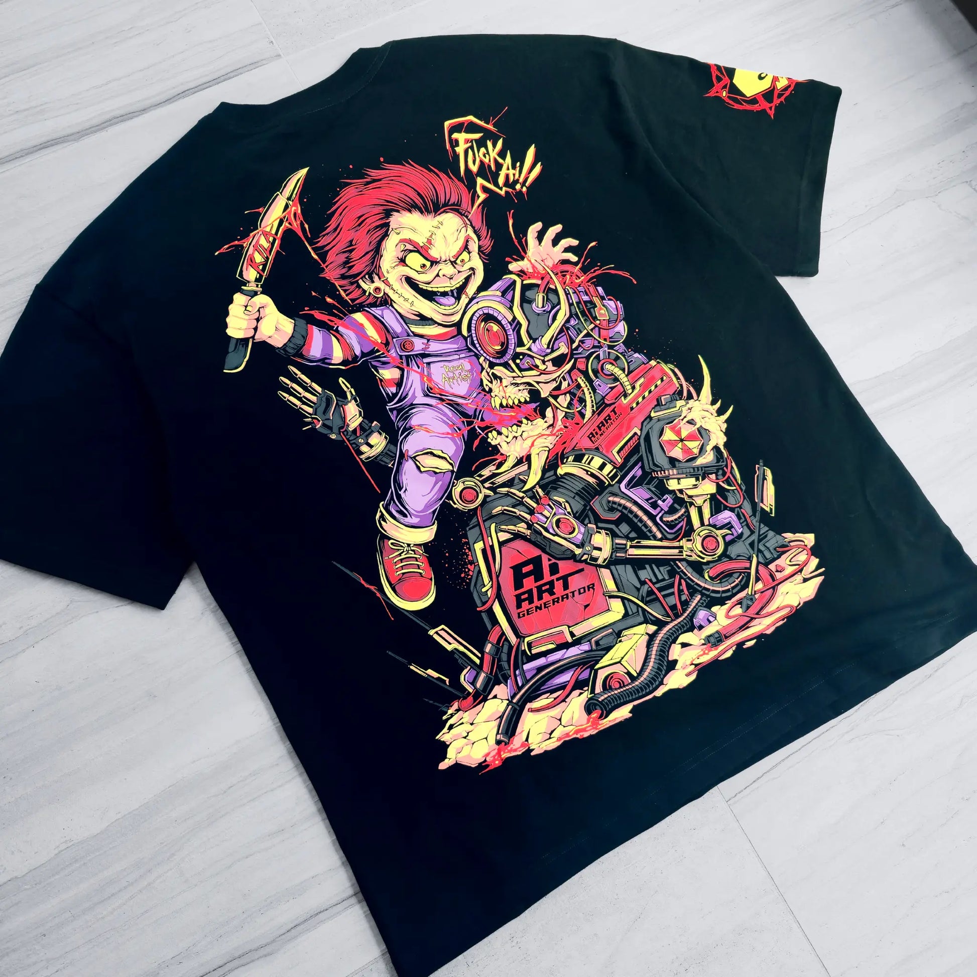 Black t-shirt with a colorful graphic design of a character on a white surface