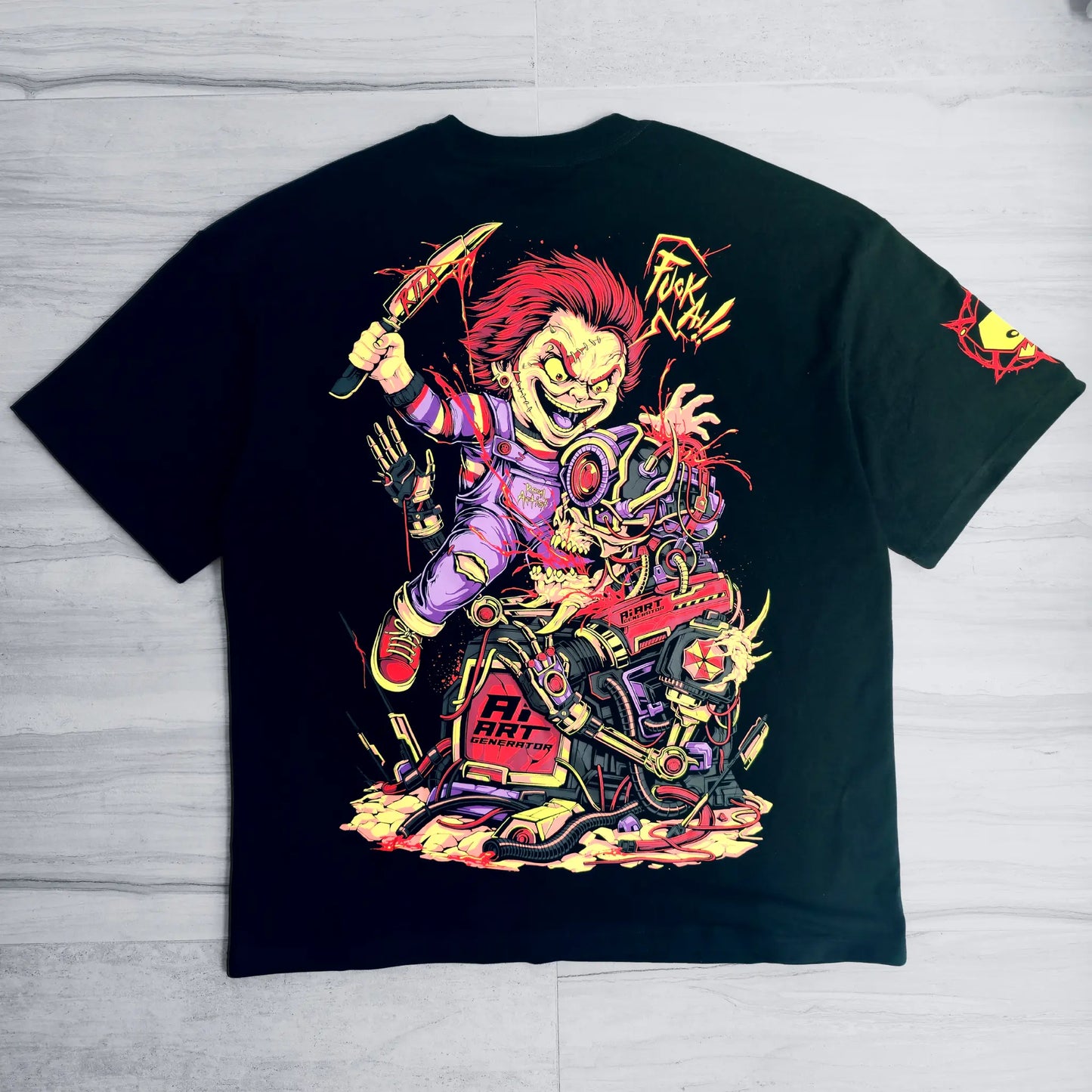 Black t-shirt with a colorful graphic design of a character on a wooden surface