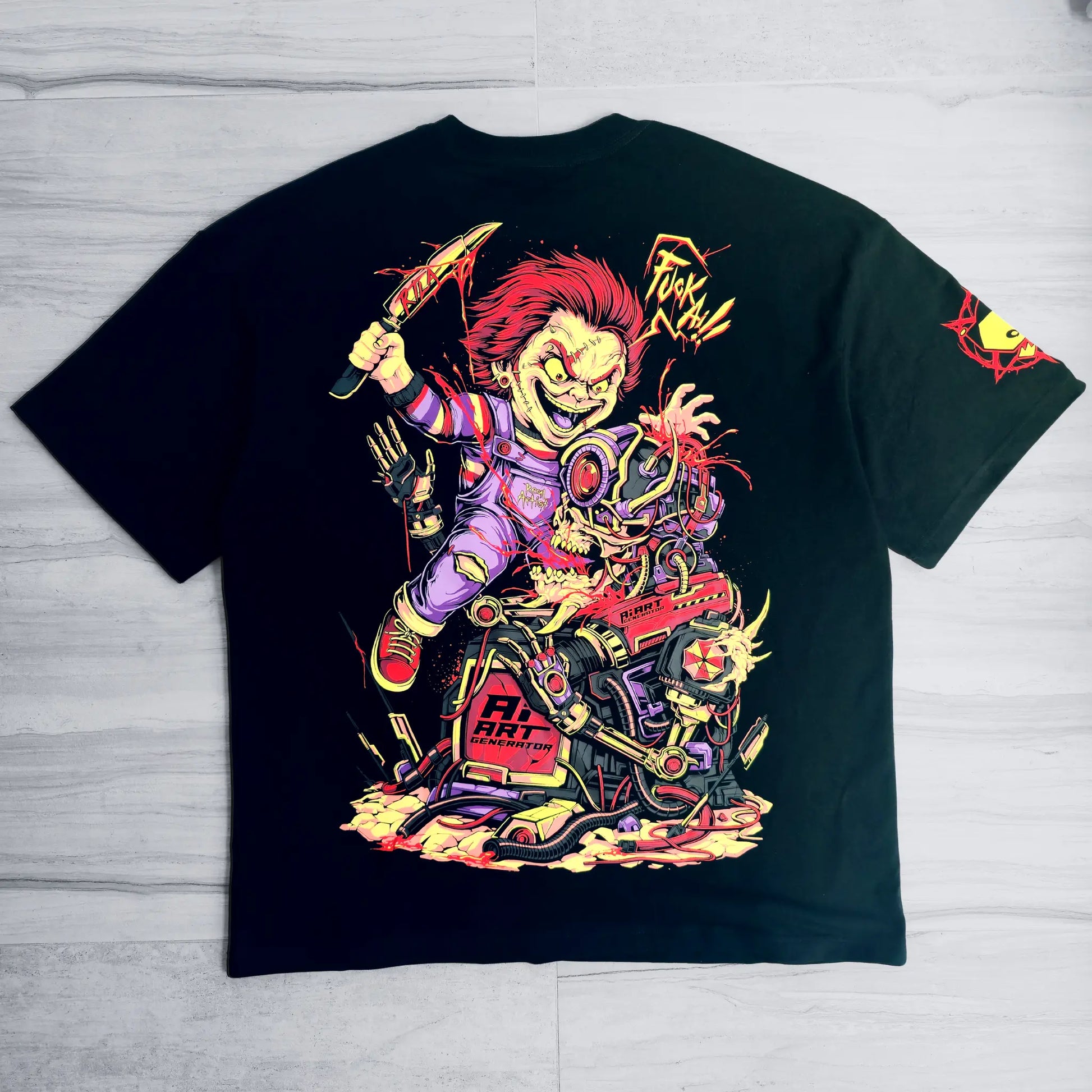 Black t-shirt with a colorful graphic design of a character on a wooden surface