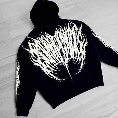 a black hoodie with white design in front and back