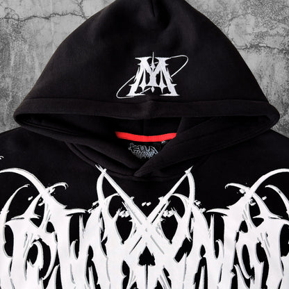 Black hoodie with white and red design on a textured gray background