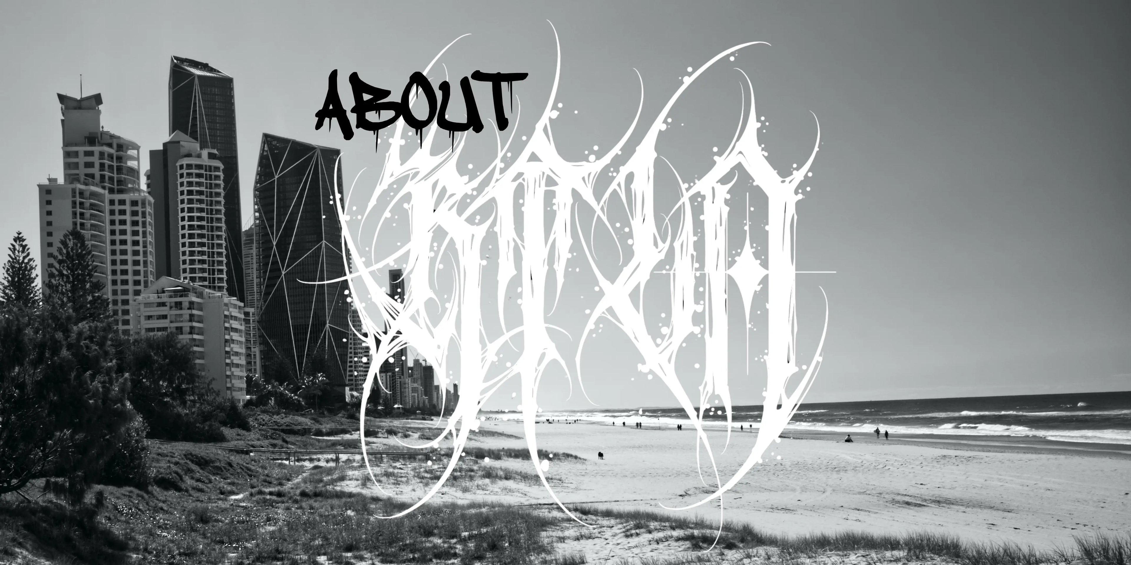 Black and white image of a beach with city skyline and text overlay.