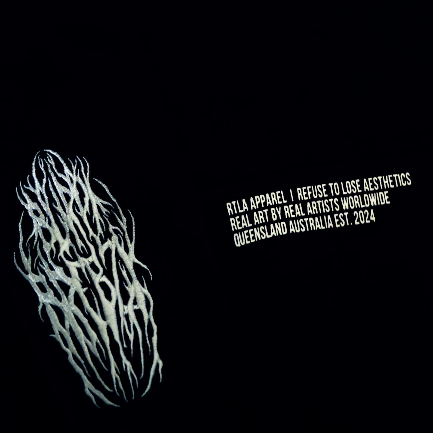 White abstract design on a black background with text about RTLA Apparel.