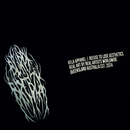 White abstract design on a black background with text about RTLA Apparel.