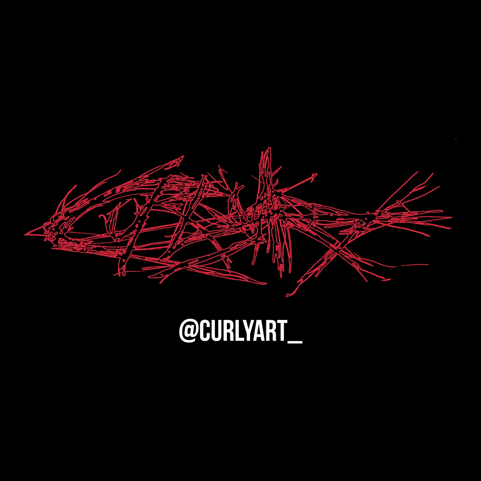 Red abstract design on a black background with 'Curly Art' handle.