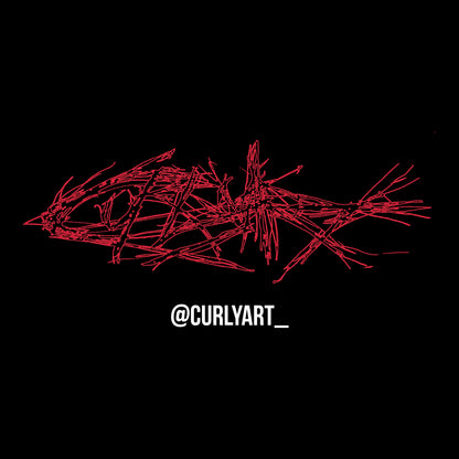 Red abstract design on a black background with 'Curly Art' handle.