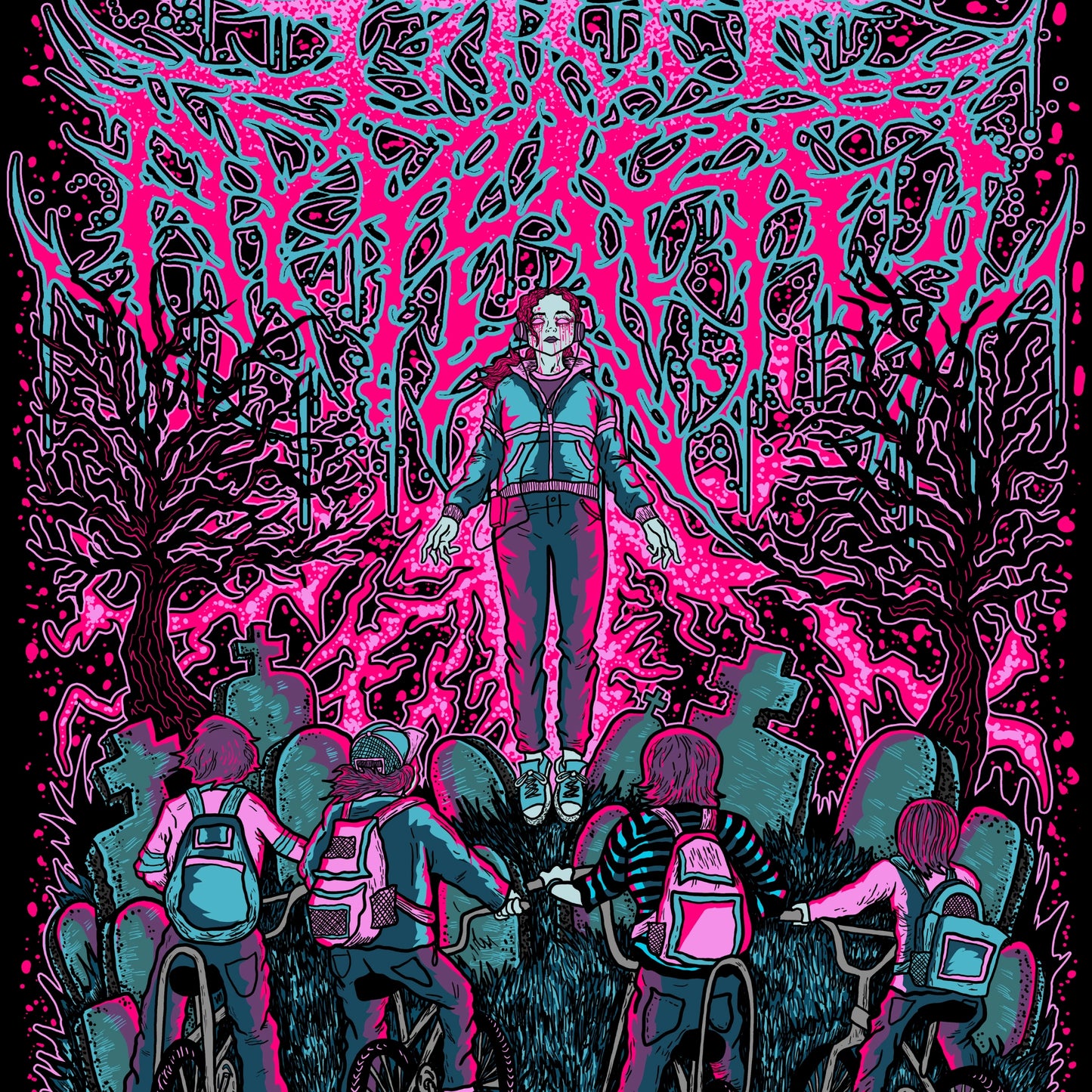 Illustration of a person standing in a pink and black abstract patterned forest with children on bicycles.