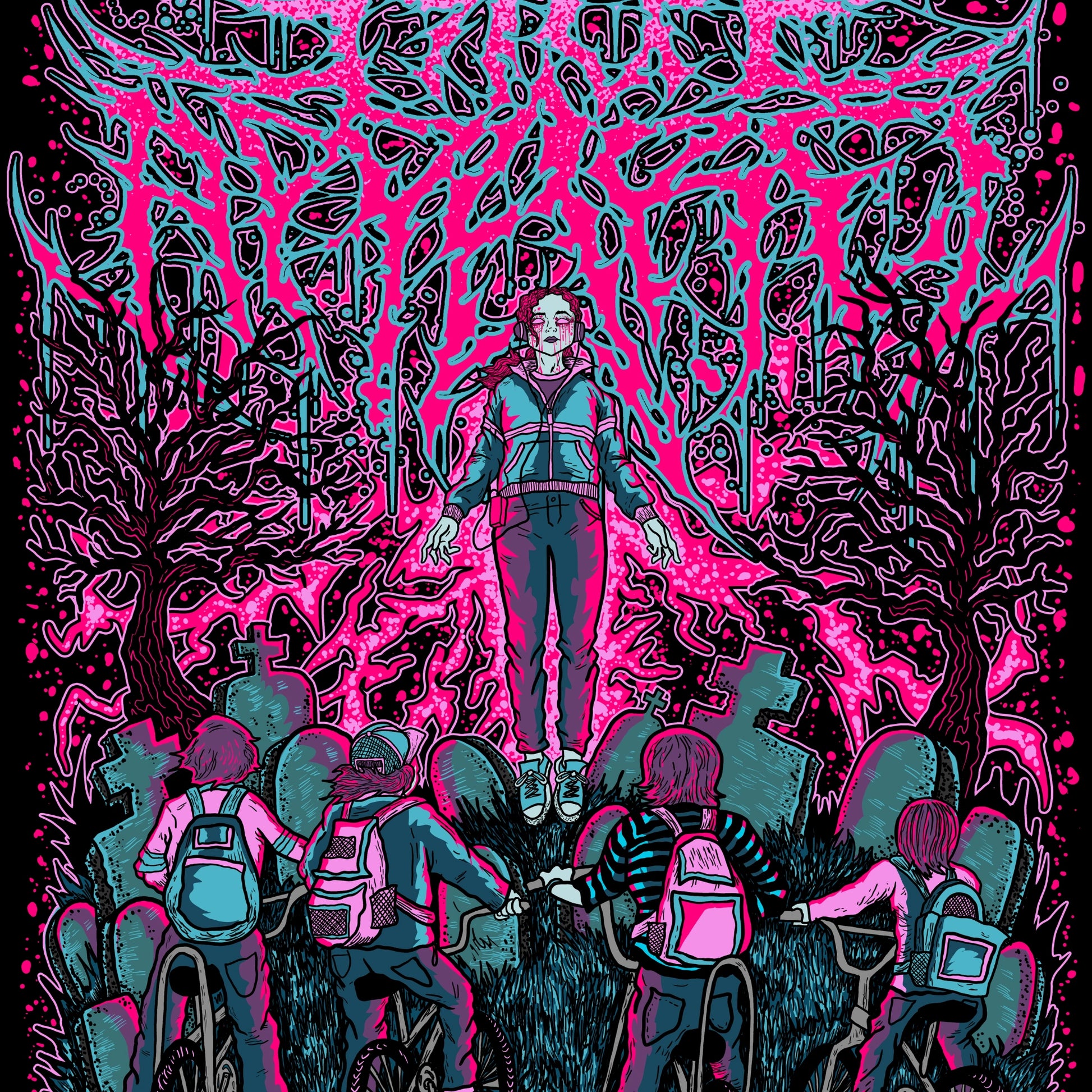 Illustration of a person standing in a pink and black abstract patterned forest with children on bicycles.