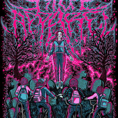 Illustration of a person standing in a pink and black abstract patterned forest with children on bicycles.