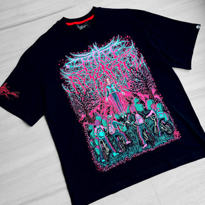 Black t-shirt with colorful graphic design on a light wooden surface