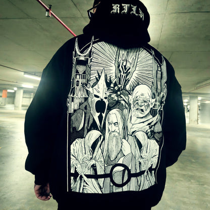 Person wearing a hoodie with a detailed graphic design in an indoor setting
