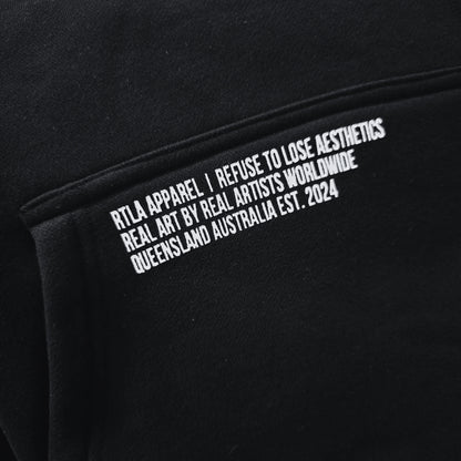 Black sweatshirt with white text on a black background