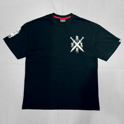 Black t-shirt with a white logo on a light gray background