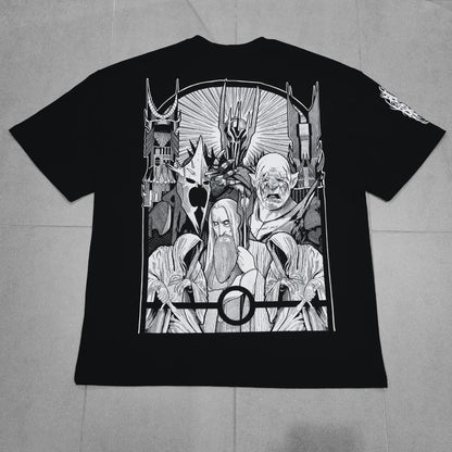 Black t-shirt with white graphic design on a gray surface
