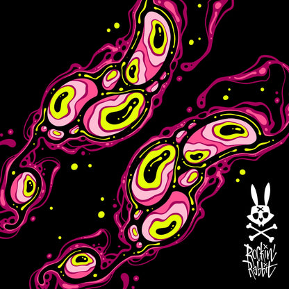 Colorful abstract design with pink and green patterns on a black background, featuring a logo in the corner.