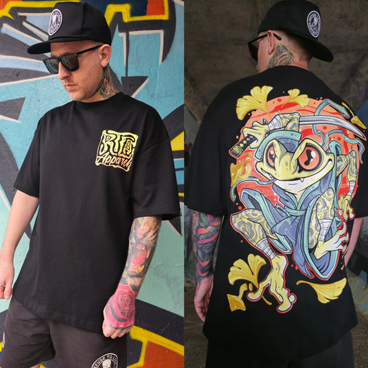 Two images, one showing a person wearing a black oversized t-shirt with a text design that reads 'BUSHIDO', and the other displaying a detailed and colorful graphic t-shirt with a character design. RTLA Apparel Rockin Rabbit