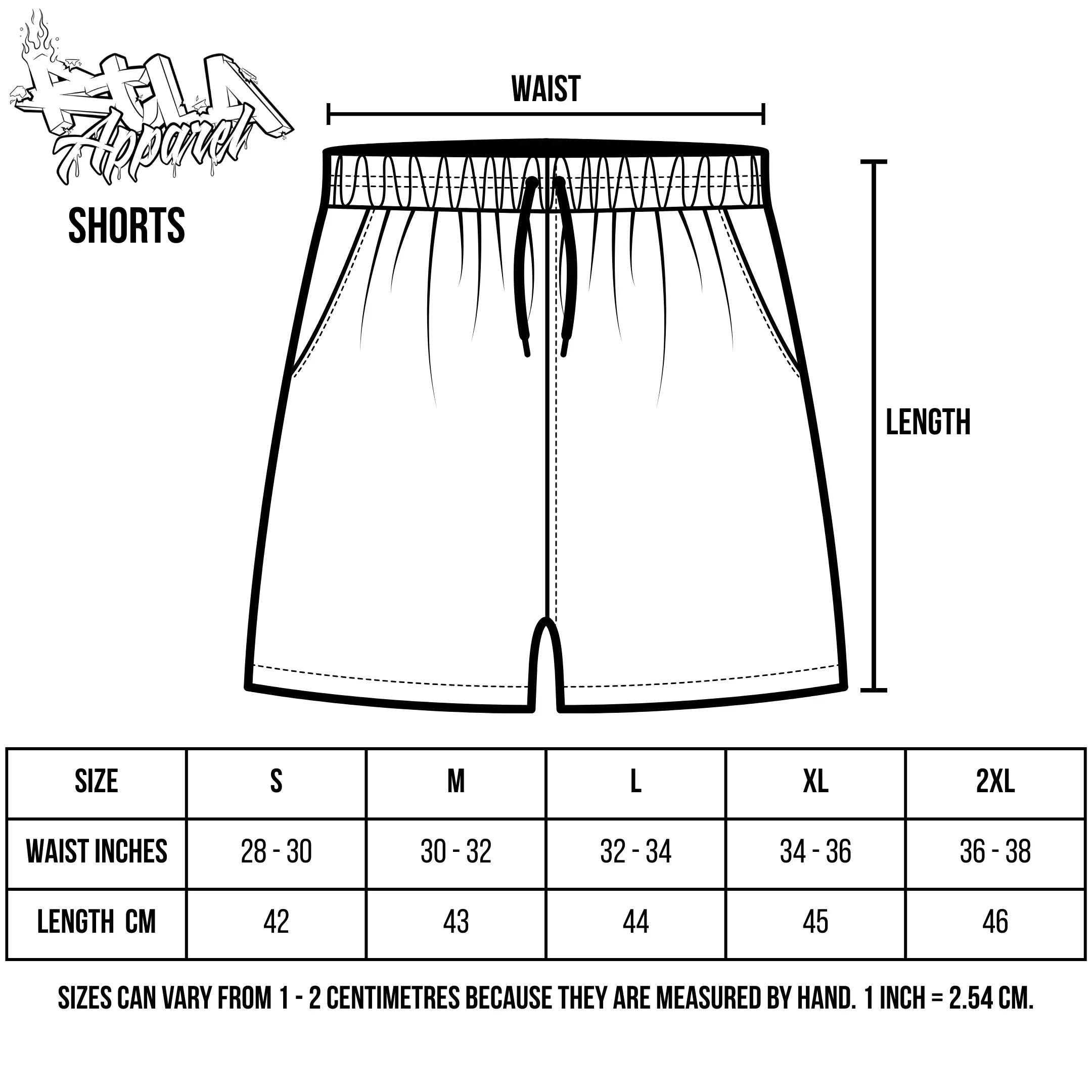 Measurement chart for shorts with size chart and dimensions.